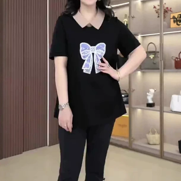 Летняя новая мода: поло с тяжелой вышивкой пайетками, лацканы, футболка, топ, повседневная одежда больших размеров для полных женщин