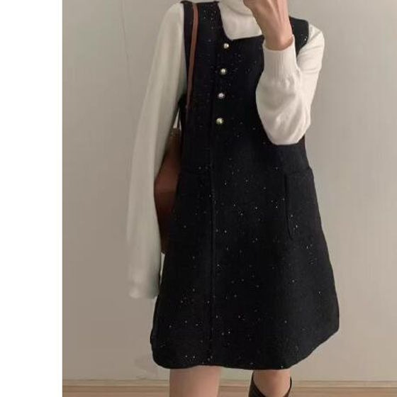 新品毛呢背心连衣裙女2025春秋冬季新款显瘦不规则无袖百搭短裙|undefined