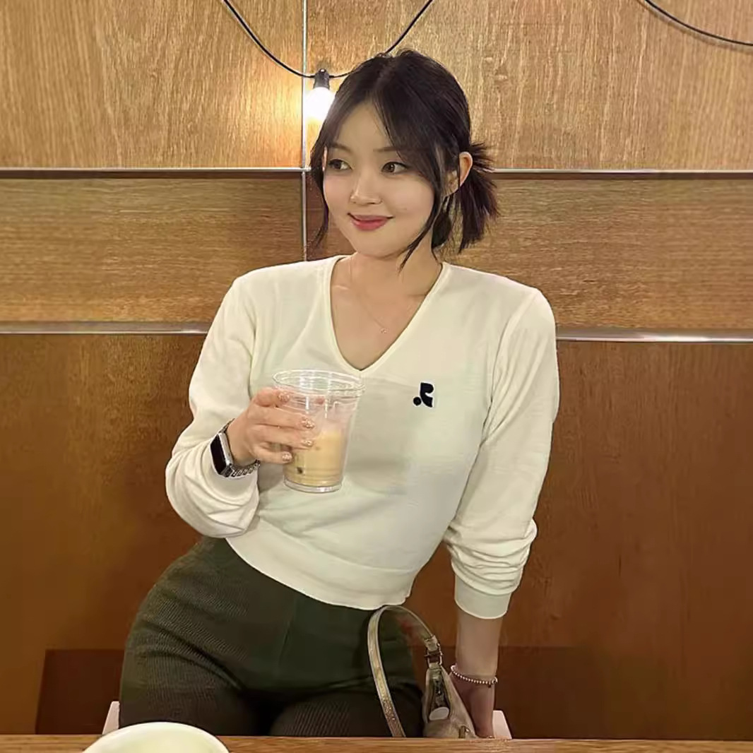 スポット韓国restandrecreation刺繍vネックショートニット女性ゆるいカジュアルプルオーバーセーター