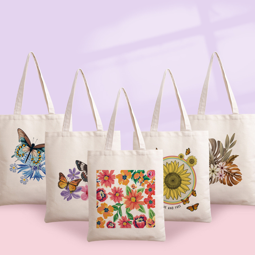新款蝴蝶鲜花帆布袋 动物印花帆布包 可定logo广告购物袋  批发pf