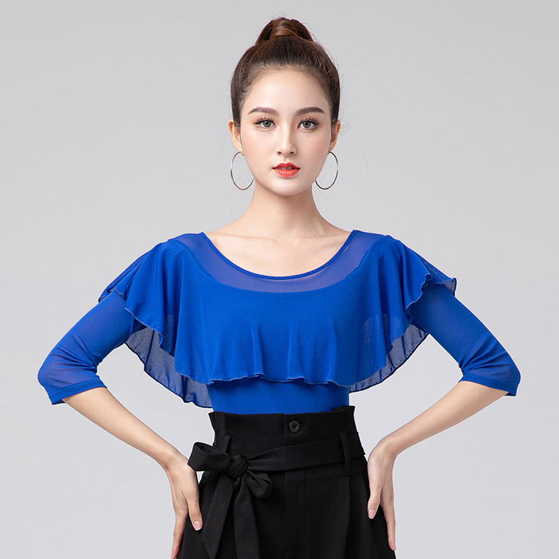 Latin Dance Top 2022 Spring Ruffled Blue Jumpsuit Practice Dress Women's National Standard Dance Top Women's New Style