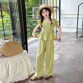 中大女童飞袖阔腿裤套装2025夏季新款小女孩时髦休闲童装两件耐用