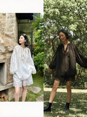 民族风波西米亚套装度假风蕾丝拼接V领宽松衬衫+松紧腰抽绳短裤