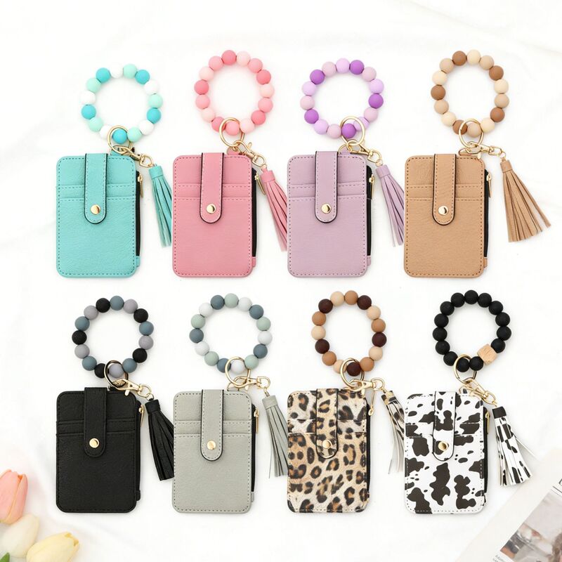 Cross-Border In-Stock Leopard Print Card Holder Pu Leather Wallet Women's Keychain Silicone Bracelet Silicone Bead Bracelet