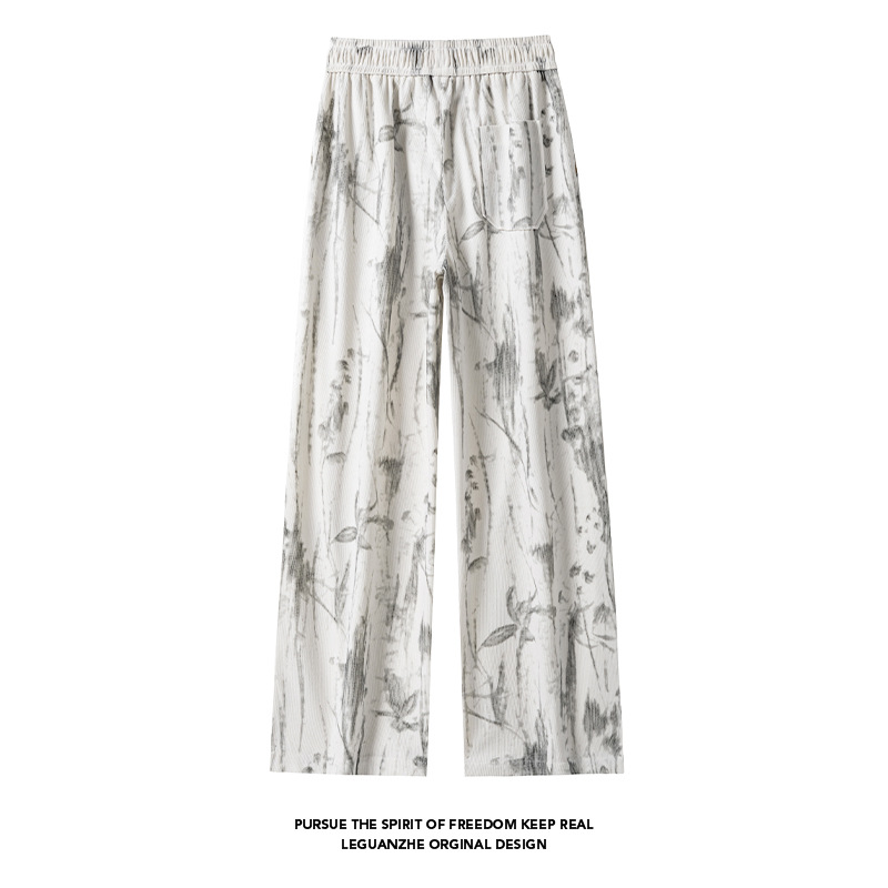 Ink-dyed Chinese-style Printed Long For Men, Autumn Trendy Corduroy Loose Wide-leg Pants, Casual Pants With A Raxed_voghion.com
