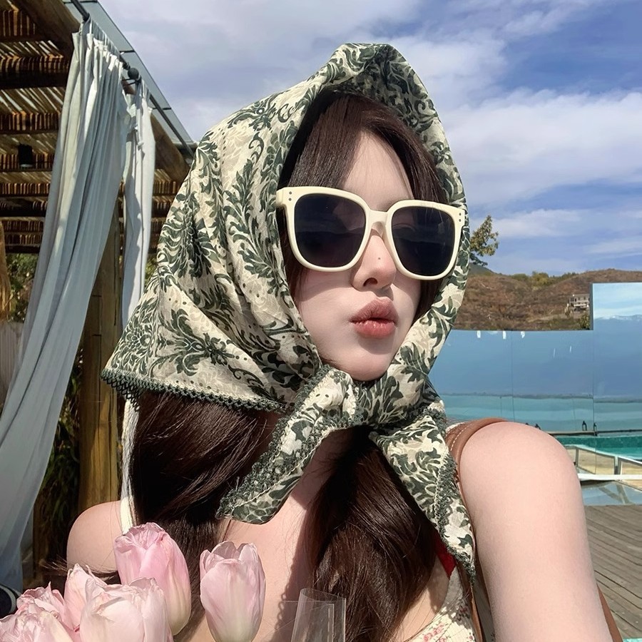 2025 가을 새로운면 및 린넨 예술적 스타일 65 스퀘어 스카프 스티칭 레이스 장식 스카프 공장 아울렛