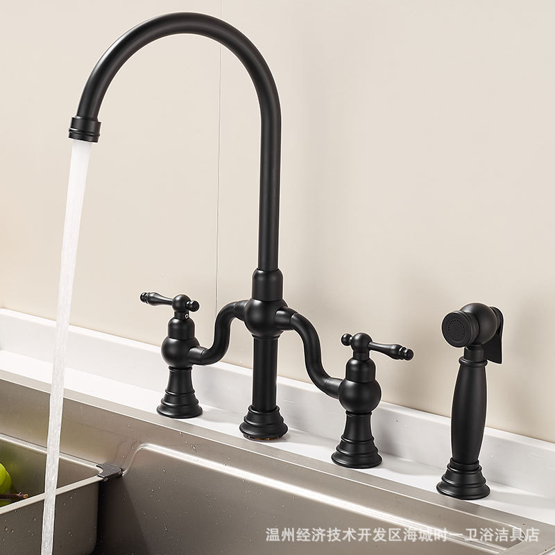 French-Style All-Copper Three-Hole and Four-Hole Kitchen Sink Faucet with Swivel and Pull-Out Feature for Home Use