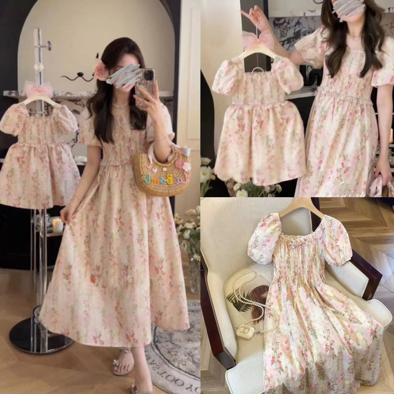 Ropa de verano para padres y niños de Corea del Sur, vestido dulce y lindo, ropa infantil, ropa de madre y niña, falda de manga de burbuja