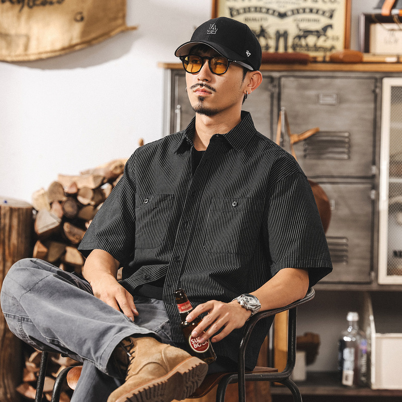 American Retro Work Shirt Men's Short-Sleeved 2025 Summer New Loose Large Size Casual Stripesd Shirt Jacket