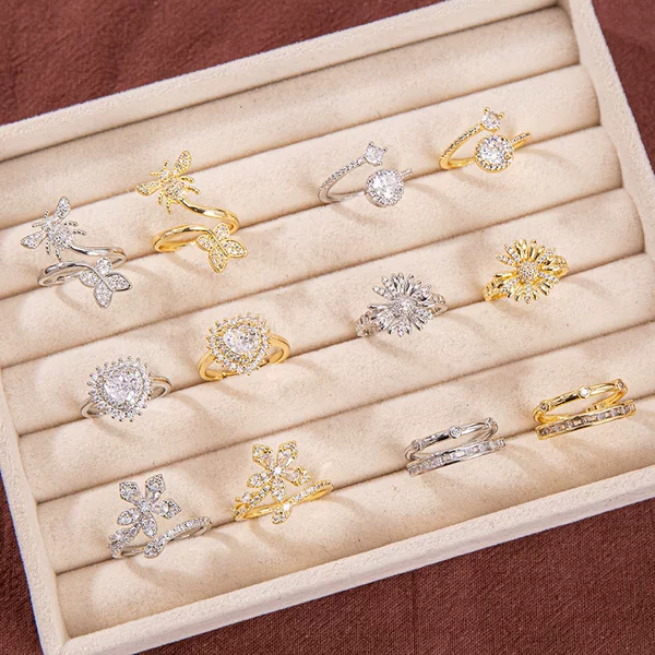 European and American Cross-Border New Fashion Light Luxury Copper Zircon Ring for Women, Niche Versatile High-End Adjustable Jewelry Wholesale