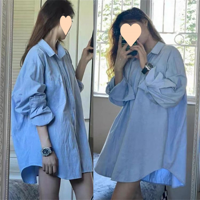블루 플러스 사이즈 긴 셔츠 여성용 외부 착용 봄과 가을 긴 소매 셔츠 여성용 느슨한 코트 디자인 센스 탑