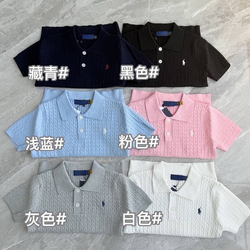 Original Ralph Lauren polo collar knitted short-sleeve top with pony embroidery, versatile for all seasons, women's top