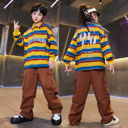 Boys girls  striped hip-hop street dance costumes kids hiphop rapper singers dance outfits for kids drumming performance suit