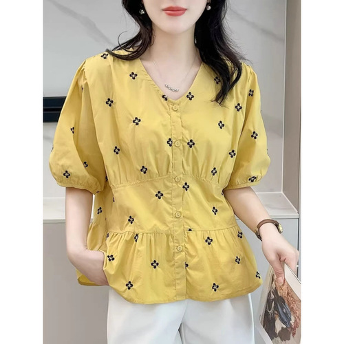 Korean Loose Elegant Collar Short Sleeve Shirt for Women 2025 Summer Slimming Waist Tunic with Fresh and Clean Embroidery Top