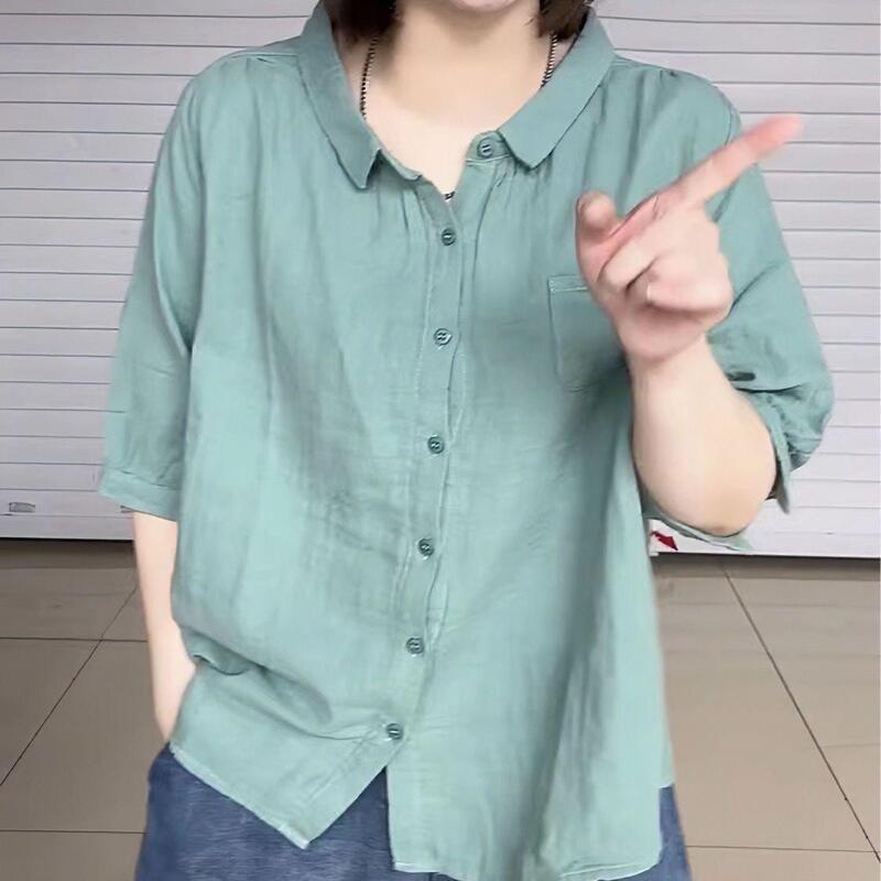 短袖纯色单排多扣显瘦棉麻衬衫设计感薄款衬衣上衣时尚百搭潮|undefined