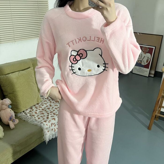 Transfronteriza mayorista otoño invierno pijama franela espesa mujer dulce dibujos animados casuales mangas largas chaqueta explosiva ropa para el hogar