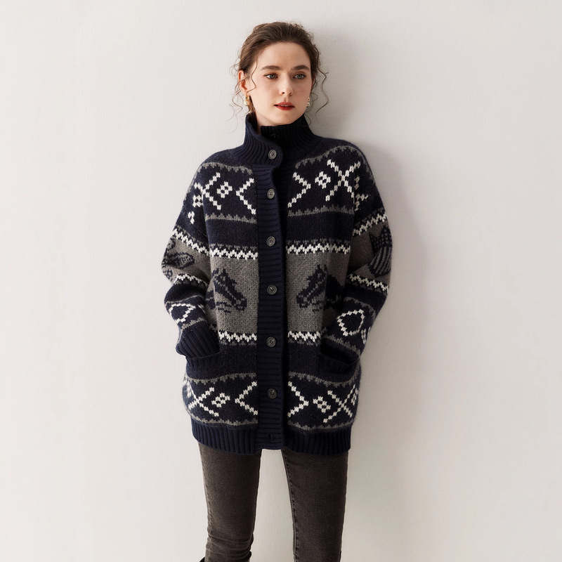 Korean Style Loose 100% Pure Cashmere High Collar Button Large Cardigan Mid-Length Large Size Sweater Knitted Jacket for Women