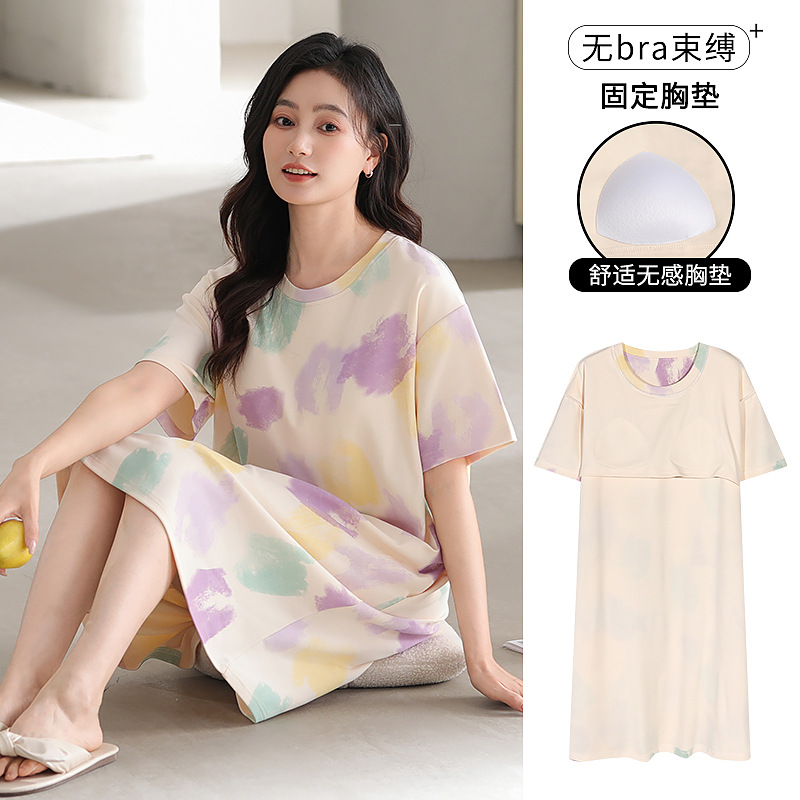 Pijama de mujer con almohadilla de pecho de dibujos animados red viento rojo estudiantes de manga corta, vestido largo medio, pijama integral de verano se puede usar fuera