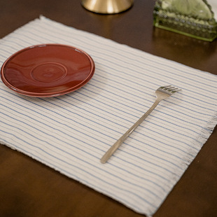 Simple Fabric Dining Mat Anti-scalding Heat Insulation Coaster Kindergarten Dining Table Mat Blue Stripe Machine Washable Tassel Style Bowl Mat