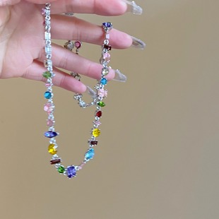 Summer New Dopamine Shiny Bright Colorful Crystal Candy Necklace Women's Light Luxury Zircon Irregular Clavicle Chain