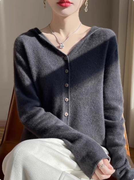 无缝一体连帽开衫毛衣外套女软糯遮肉针织衫带帽卫衣春秋叠穿帽衫|undefined