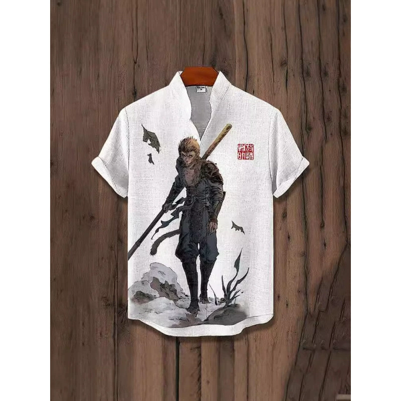 Мужская рубашка с короткими рукавами из смеси льна Sun Wukong Black Myth Wukong с 3D-принтом и воротником-стойкой