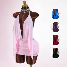 欧美新款跨境纯色修身性感网纱飘带露背透视包臀吊带短裙连衣裙女