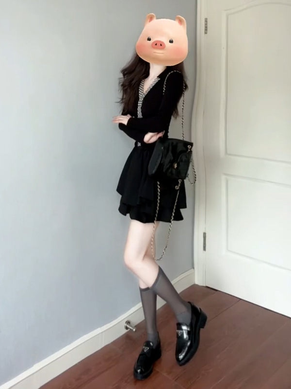 韩系巨好看长袖黑色连衣裙子女早秋季2025新学院风小个子短裙|undefined