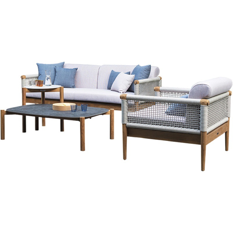 Sofá de ratán para exteriores, para balcón, sala de estar, terraza, impermeable, con protección solar, silla de descanso para jardín, patio, conjunto combinado de teca anticorrosión