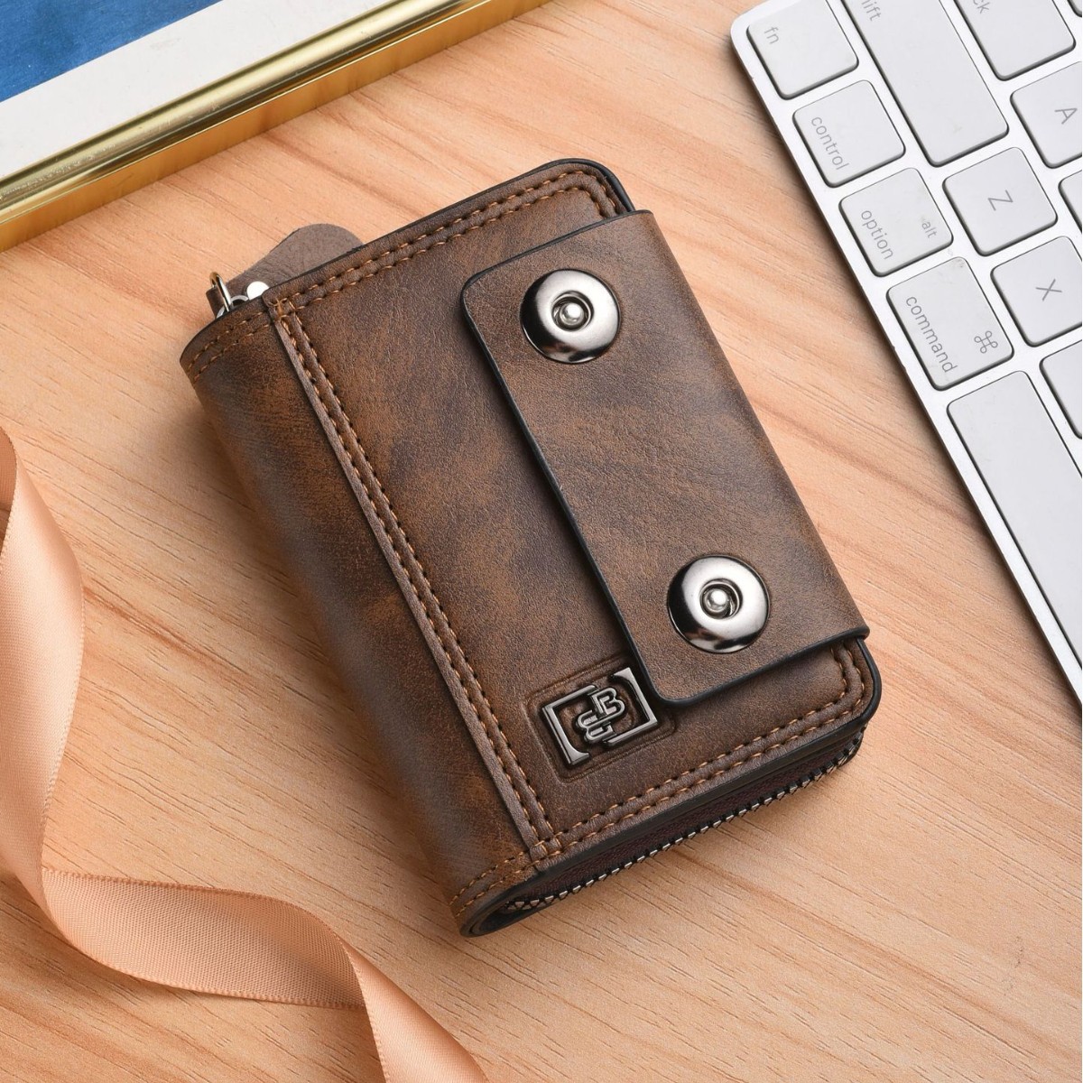 2026 Men's Short Wallet, Personalized Metal Logo Accordion Card Holder, Double Magnetic Clasp Zipper Large Capacity Coin Purse