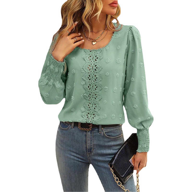 Comercio exterior transfronterizo ropa de mujer Amazon europeo y americano cuello redondo manga de soplo gran Polka Dot costura encaje pull temperamento camisa image 1