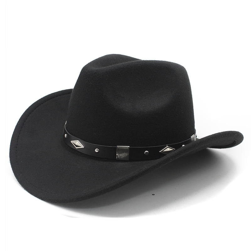 2025 Spring Warped Cowboy Hat Cross-Border Western European and American Style Curved Edge Metal Accessories Top Hat for Men and Women