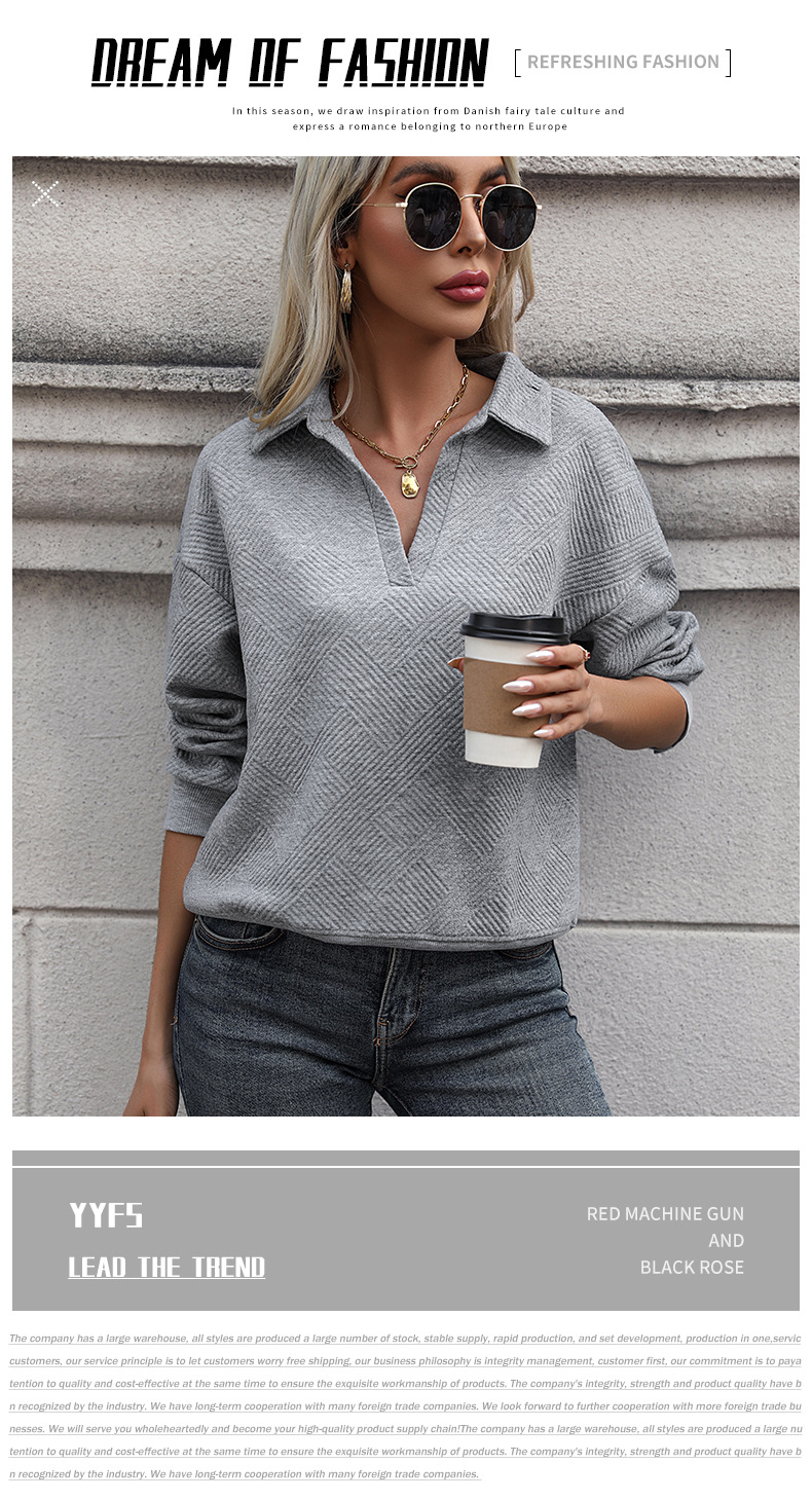 Sweat-shirt à revers d'automne pour femme, couleur unie, haut texturé, bouton décoré_voghion.com