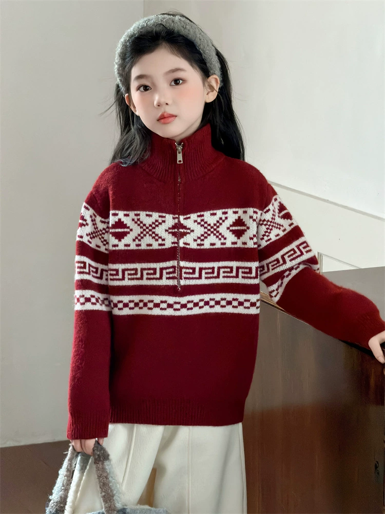 Девочки, корейский стиль Fair Isle ретро жаккардовый свитер 2025 зимний новый стиль, стойка, молния, топ-свитер, новогодняя одежда