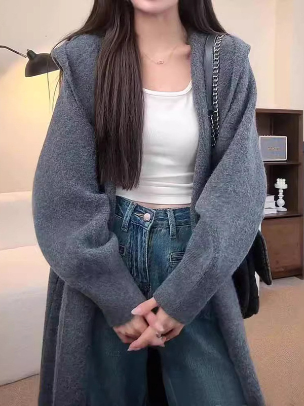 直播2025秋冬新款韩系针织开衫女慵懒风连帽中长款宽松显瘦毛衣外|undefined