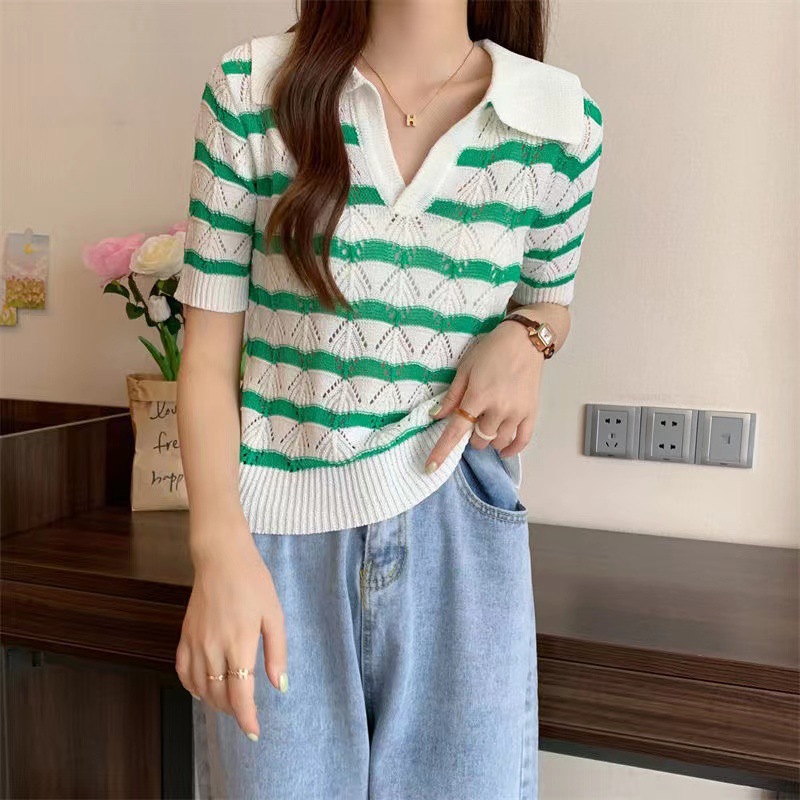 Summer French Polo Collar Short-Sleeved T-Shirt Top Cut Out Wavy Stripes Thin Short-Sleeved Ice Silk Knitwear for Women