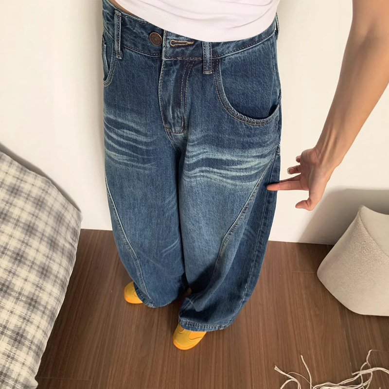 2025 Spring and Autumn New American Style Washed Scimitar Jeans Women's High Waist Loose Slimming Drapey Straight-Leg Scythe Pants