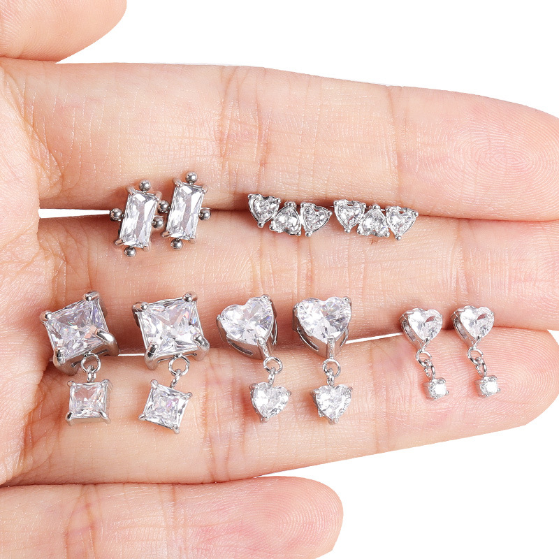 2022 New Emerald Diamond CZ Stainless Steel Earrings Fashion Ear Studs for Women Ear Bone Nail Titanium Steel Ear Pin detail image 11