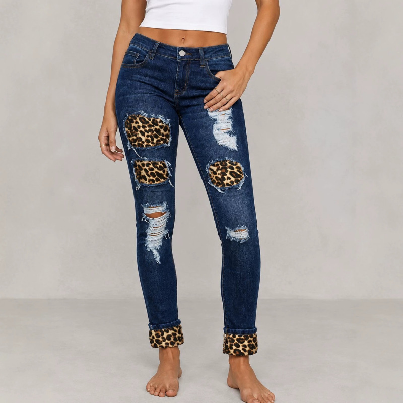 European and American New Women's Clothing Cross-Border Slim Fit Ripped Leopard Print Patch Rolled Hem Denim Pants European and American New Women's Clothing Cross-Border Slim Fit Ripped Leopard Print Patch Rolled Hem Denim Pants
