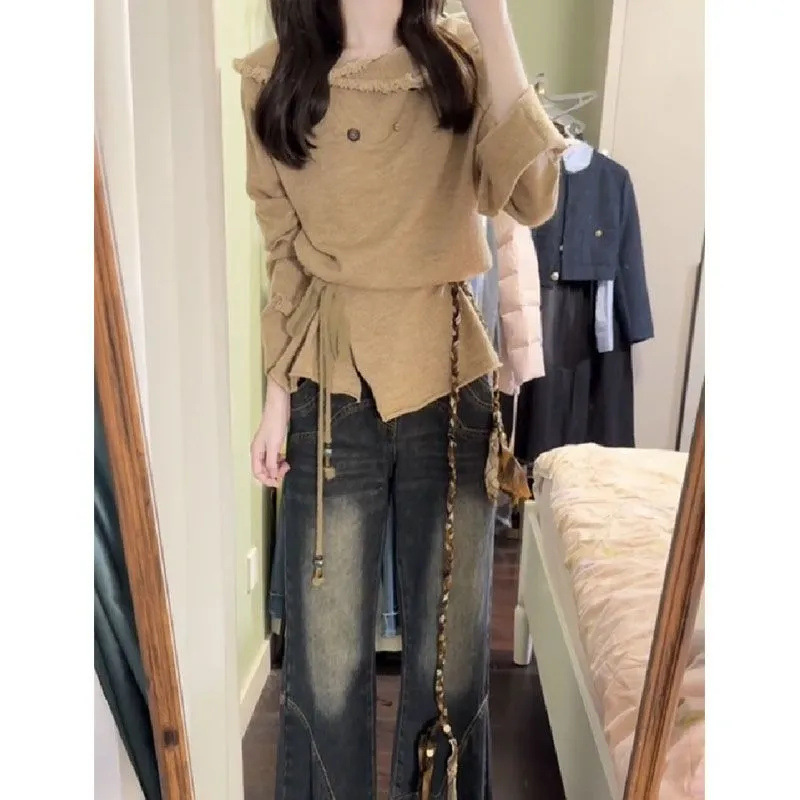 复古慵懒风翻领毛边长袖针织衫女秋季新款高级设计感抽绳收腰上衣|undefined