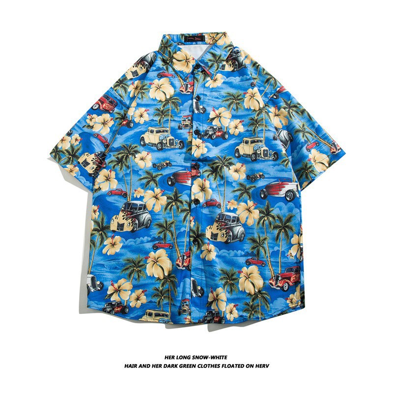 Hawaiian Ice Silk Shirt Men's Trendy Short-Sleeved Shirt Men's Summer Beach Floral Shirt Couple Wear Loose Jacket