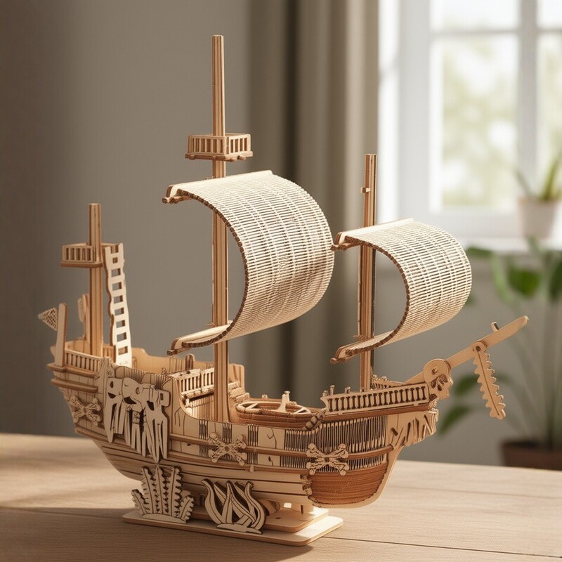 Cross-Border New 3D Stereo Puzzle Wooden Puzzle Pirate Ship DIY Educational Handmade Assembly Model Ornament