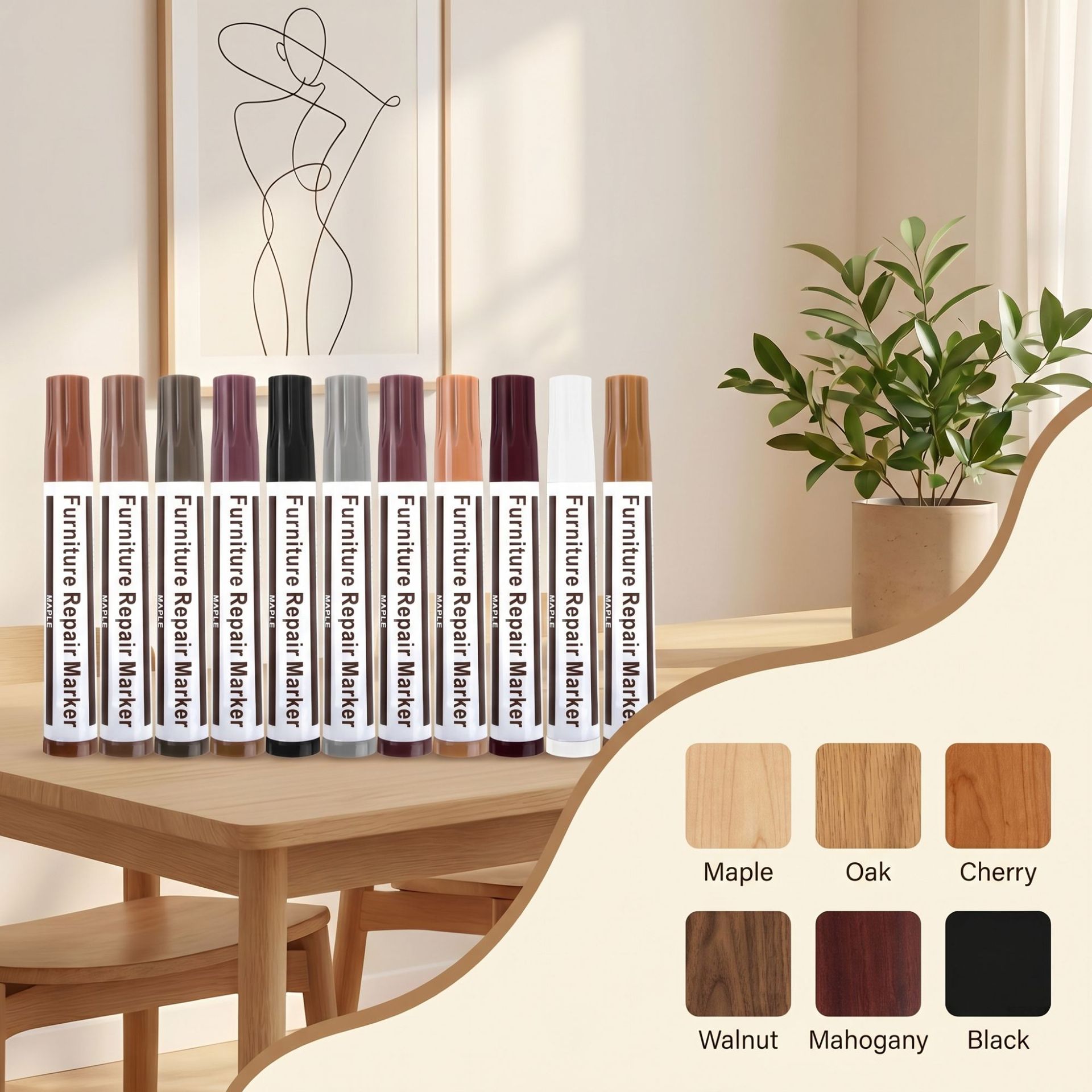 Furniture Touch-Up Paint Marker Pen Set for Repairing Scratches on Solid Wood and Composite Wood Flooring, Wood Grain Furniture Scratch Repair Paint Pen Set