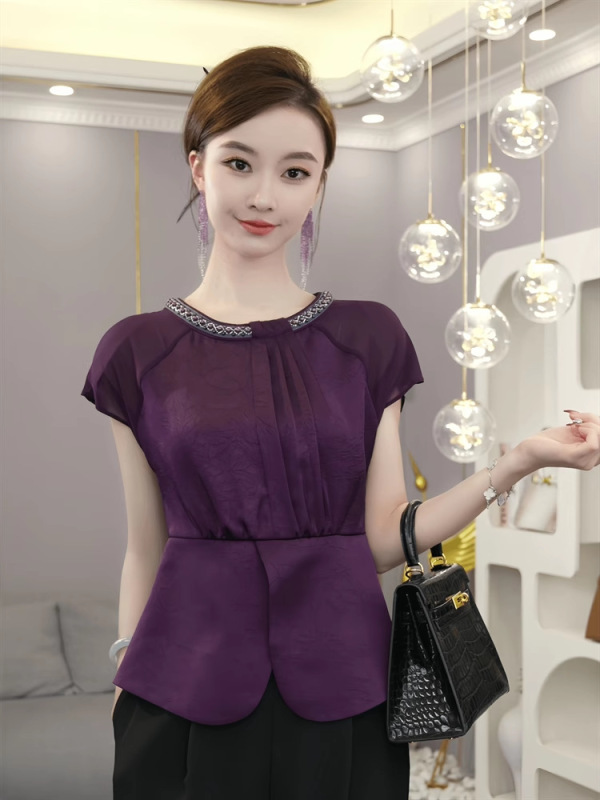 法式独特高级感女士短袖衬衫2025夏季新款气质圆领紫色小衫上衣女|undefined