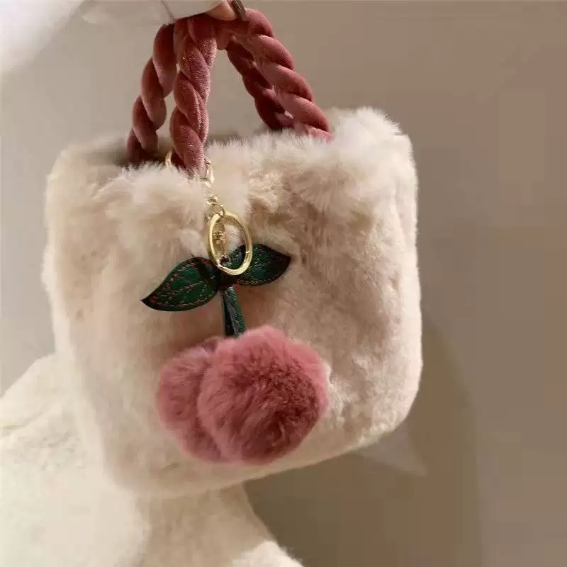 Ручная меховая сумка-клатч, зимняя модная сумка с кулоном-пом-пом, кофейно-бежевый, 19×16×9 см