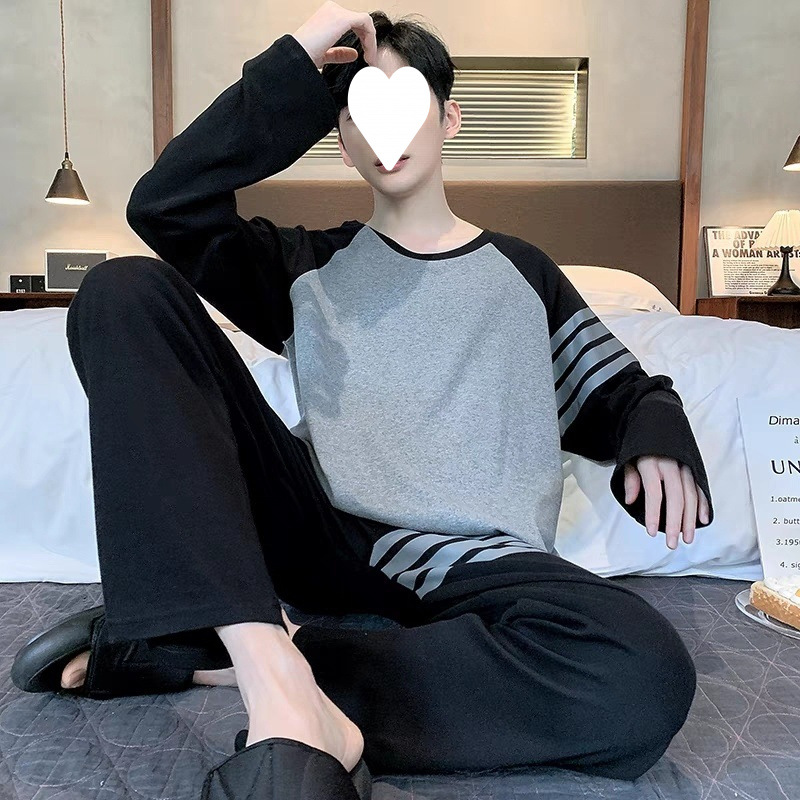 2024 남성용 새로운 스타일 잠옷 봄, 가을 긴팔 루즈 슈트 청소년 와플 중년 가정복