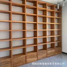 老榆木书架全实木落地书架吊柜桌面漫咖啡置物架钉制全墙满墙书柜