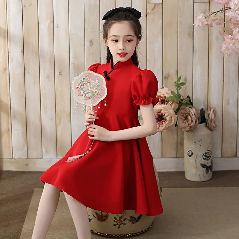 Vestido cheongsam de verano para niñas 2023 nuevo vestido de verano para niños niña estilo occidental medio y grande vestido de princesa para niños
