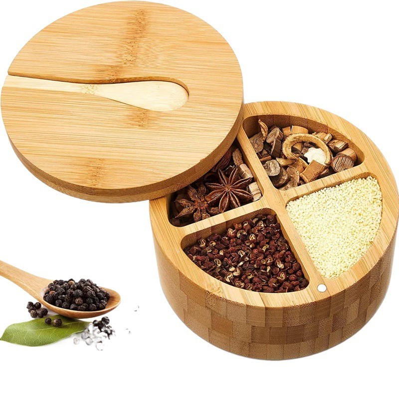 Трансграничная бамбуковая коробка для соли Бытовая кухонная банка для приправ Коробка для специй Бамбуковая коробка для соли Сахарная ковша Стеллаж для хранения приправ
