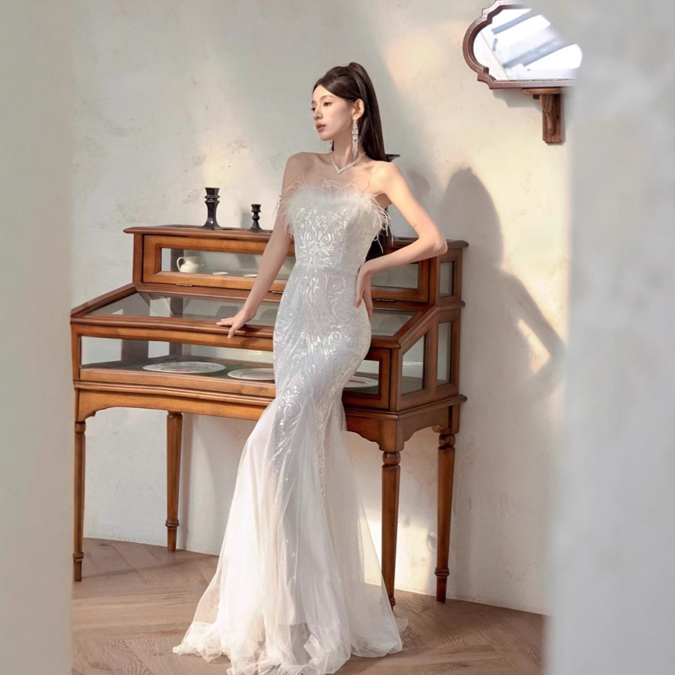 One-Shoulder Tube Top Evening Dress, Colorful Mermaid Feather Dress, Slim Fishtail Skirt, Party Dress Wholesale